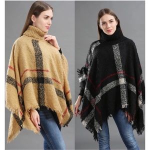 Turtleneck Plaid Poncho Sweater - Black / Camel